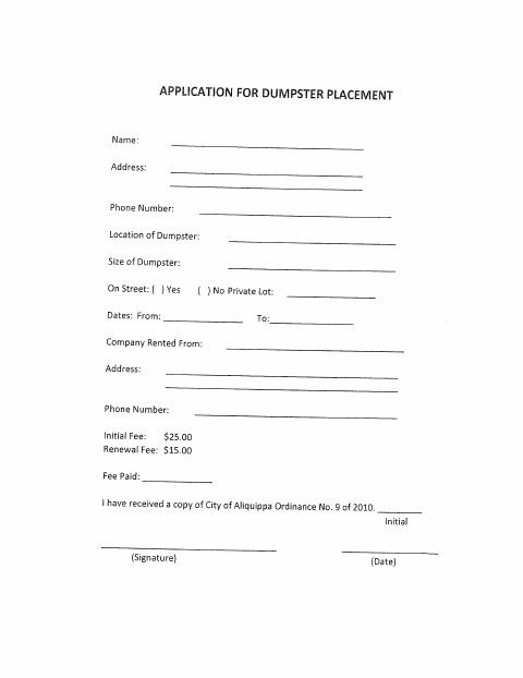 First page of the Dumpster Permit Application