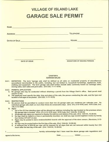 First page of the Garage Sale Permit