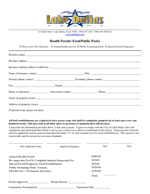 First page of the Health Permit (Food/Public Pools)