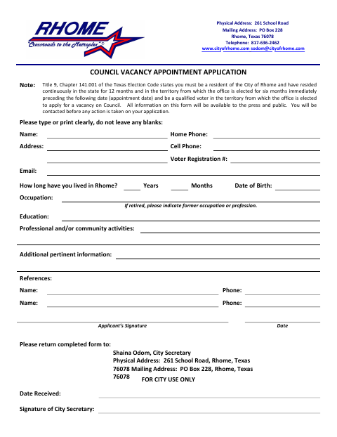 First page of the Council Vacancy Appointment Application