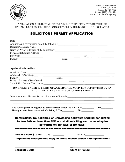 First page of the Solicitor’s Permit Application