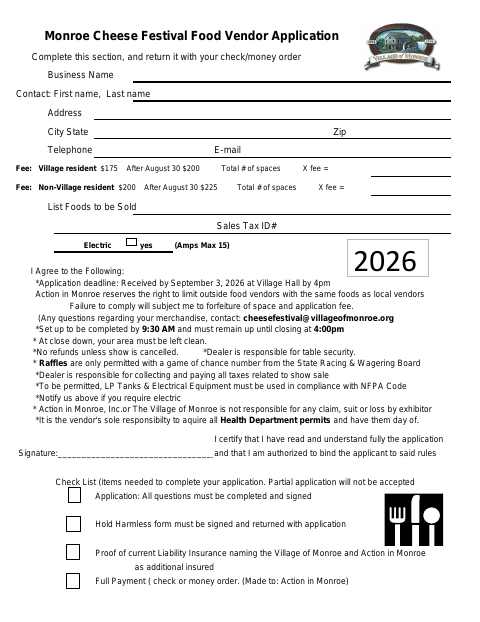 First page of the Cheese Festival Food Vendor Application