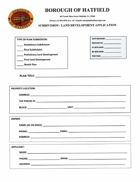 First page of the Subdivision and Land Development Application