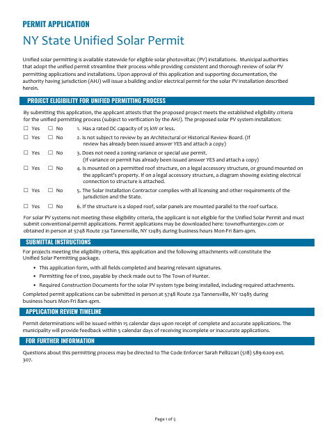 First page of the Unified Residential Solar PV Permit Application