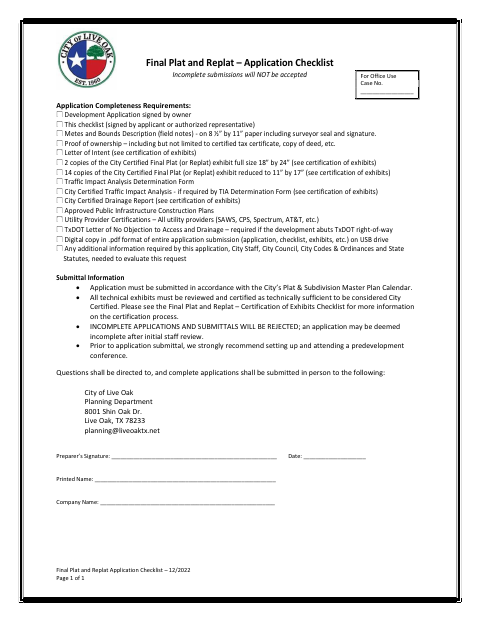 First page of the Final Plat and Replat Application Checklist
