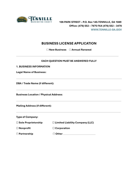 First page of the Business License Application Packet