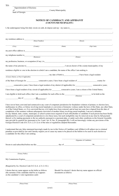 First page of the Notice of Candidacy and Affidavit