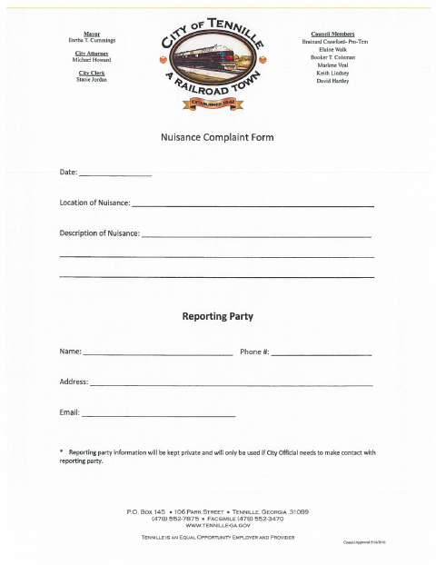 First page of the Nuisance Complaint Form