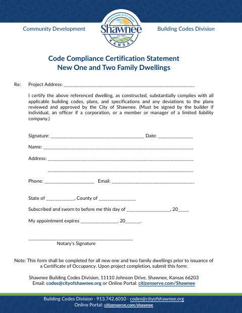First page of the Code Compliance Certification Statement