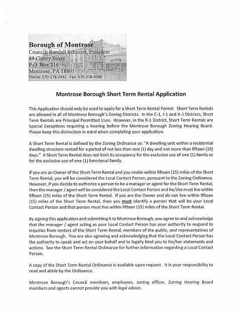 First page of the Short Term Rental Application