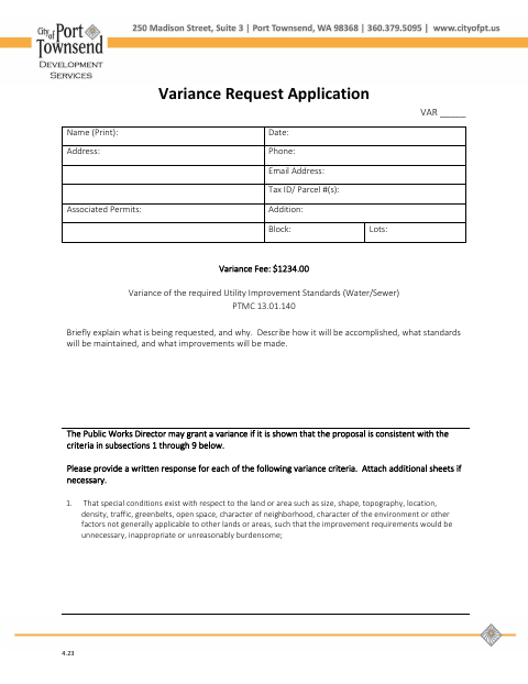 First page of the Variance Request Application