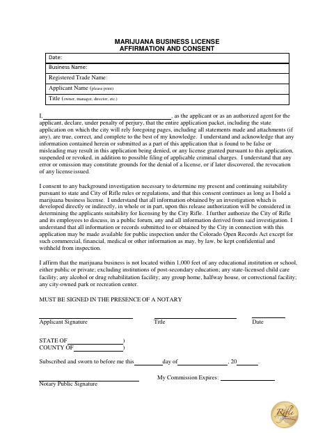 First page of the Marijuana Business License Affirmation and Consent