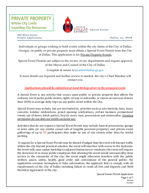 First page of the Special Event Permit Application on Private Property