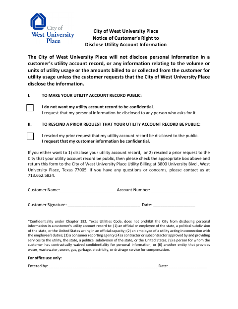 First page of the Notice of Customer’s Right to Disclose Utility Account Information