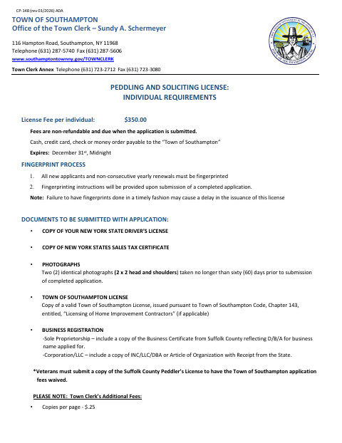 First page of the Peddling and Soliciting Individual License Application