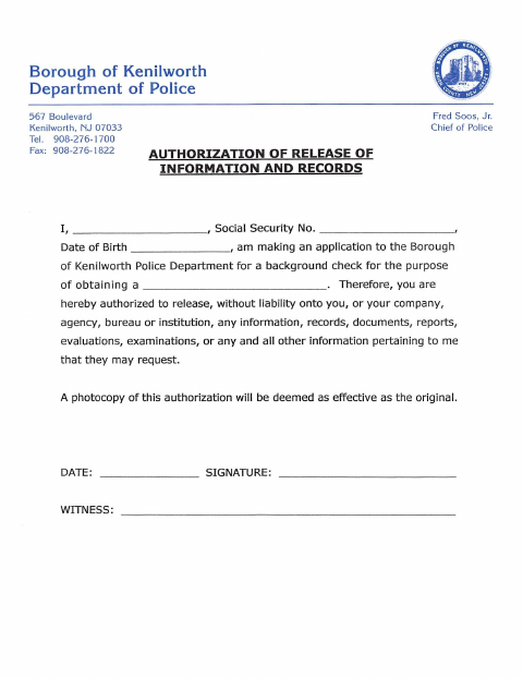 First page of the Authorization for Release of Records