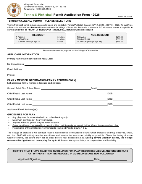 First page of the Tennis & Pickleball Permit Application Form 2026