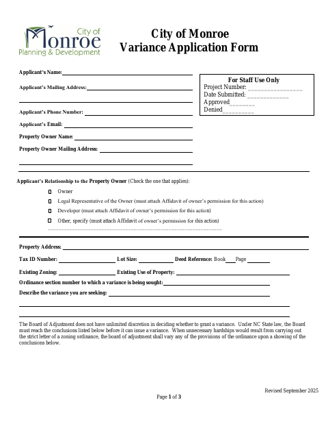 First page of the Variance Application