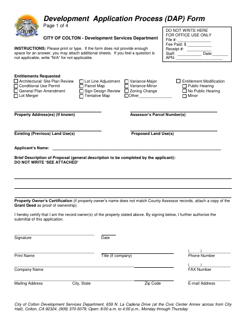 First page of the Development Application Process Form