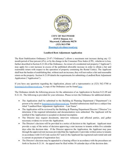 First page of the Landlord Rent Adjustment Application