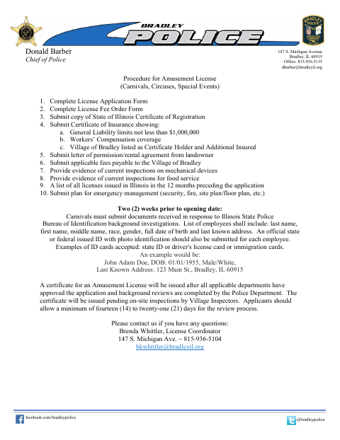 First page of the Amusement License Application
