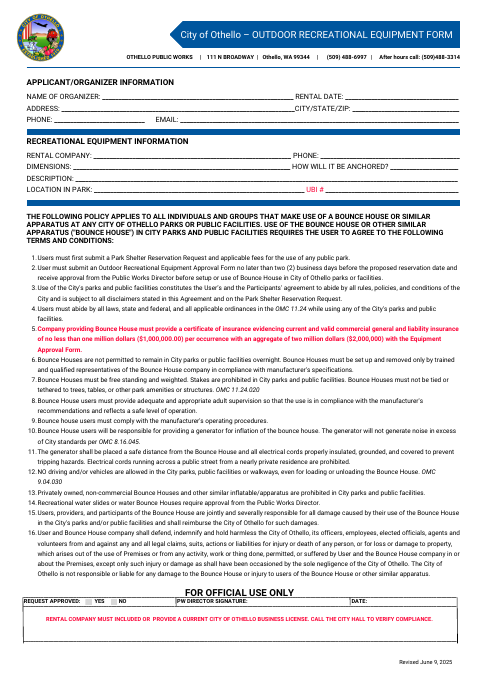 First page of the Outdoor Recreational Equipment Form