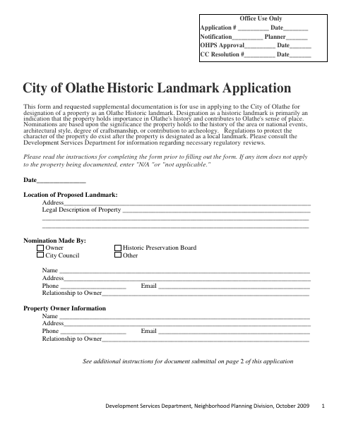 First page of the Historic Landmark Application