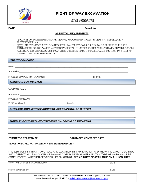 First page of the Right-of-Way Permit Application