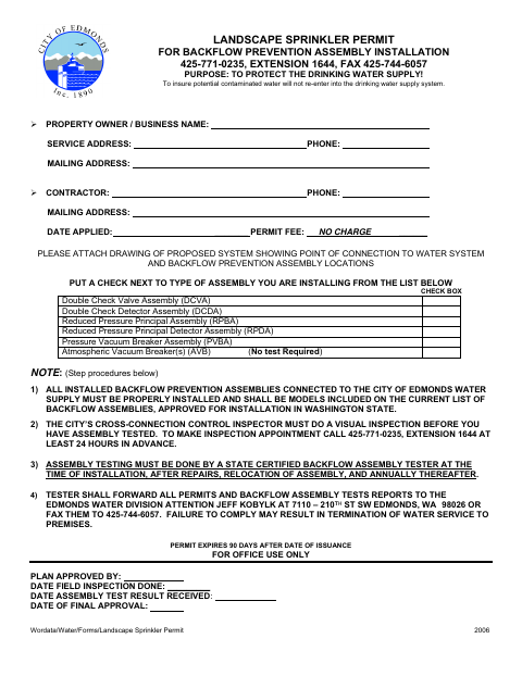 First page of the Landscape Sprinkler Permit for Backflow Prevention Assembly Installation