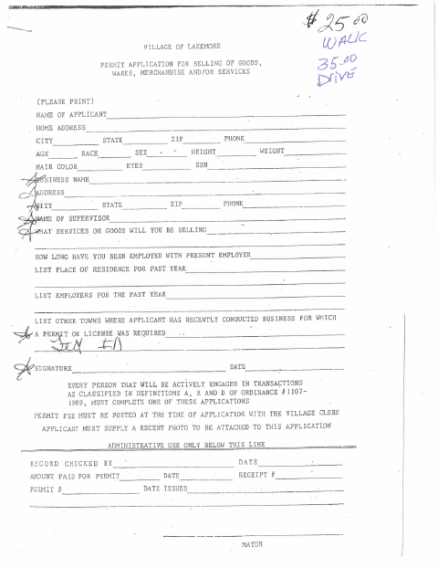 First page of the Permit Application for Selling Goods, Wares, Merchandise, and Services