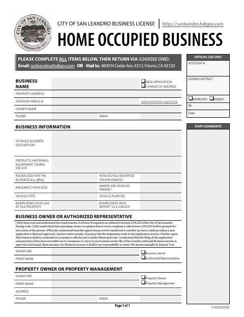 First page of the Home Occupation Business License Zoning Conformance Application