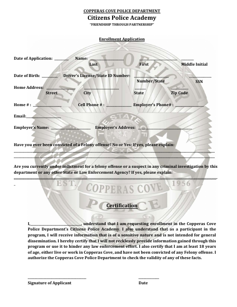 First page of the Citizens Police Academy Enrollment Application