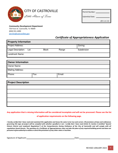 First page of the Certificate of Appropriateness Application