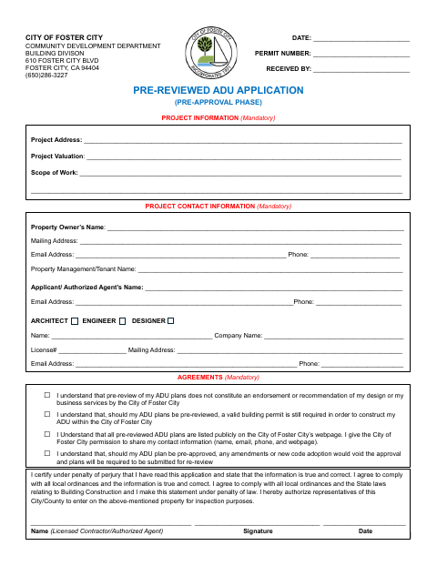 First page of the Pre-Reviewed ADU Application (Pre-Approval Phase)