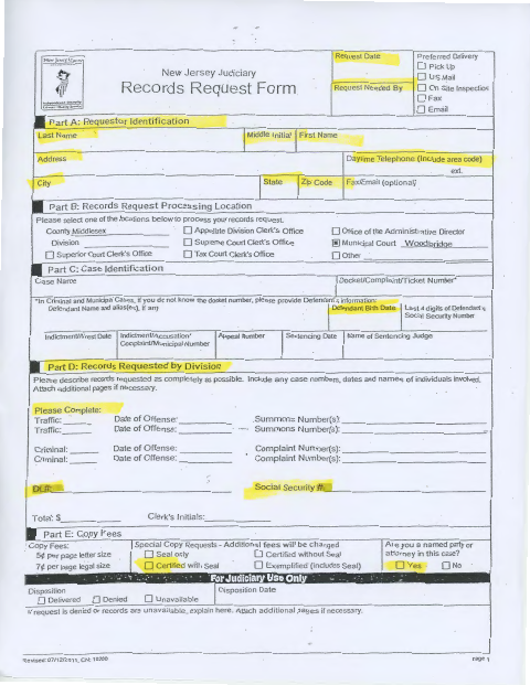 First page of the New Jersey Judiciary Records Request Form