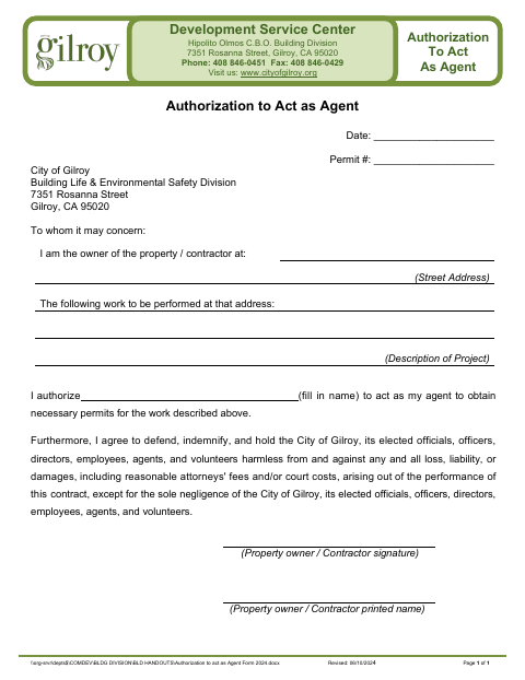 First page of the Authorization to Act as Agent