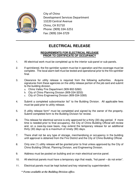 First page of the Electrical Release Application