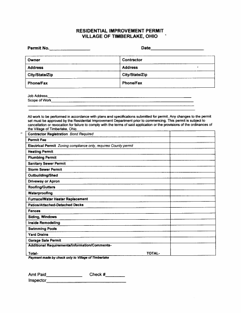 First page of the Residential Improvement Permit