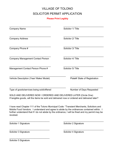 First page of the Solicitor Permit Application