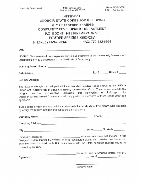 First page of the Georgia State Codes for Buildings Affidavit