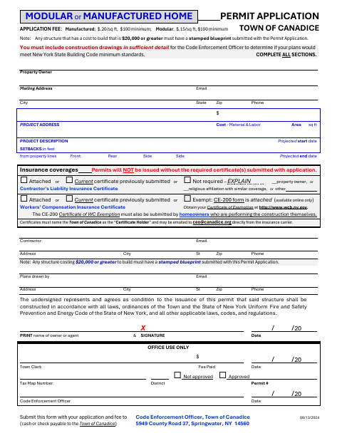 First page of the Modular or Manufactured Home Permit Application