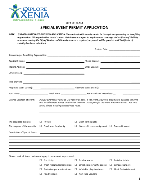First page of the Special Event Permit Application