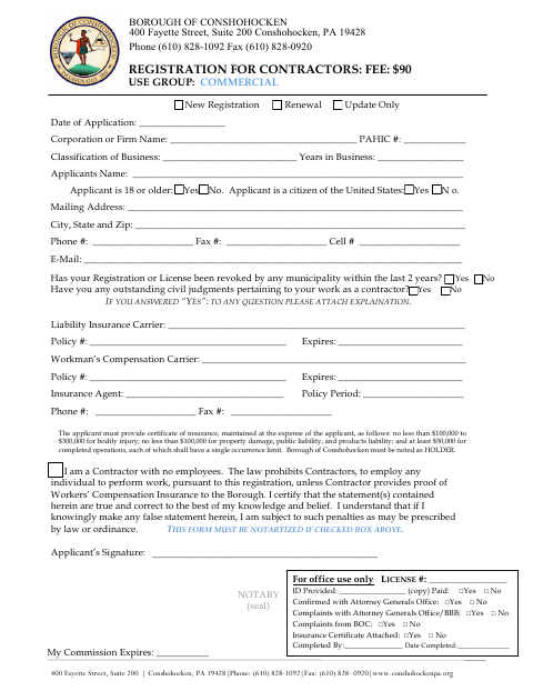 First page of the Commercial Contractor Registration