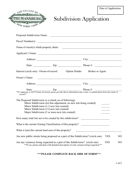 First page of the Subdivision Application