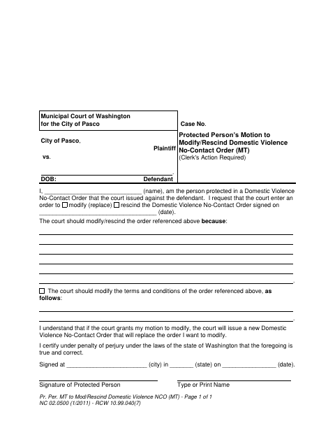 First page of the Motion to Modify or Rescind Domestic Violence No-Contact Order