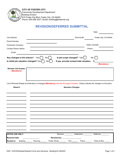 First page of the Revision Deferred Submittal Form