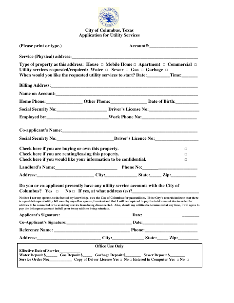 First page of the Application for Utility Services