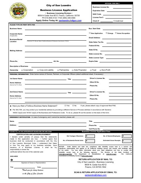 First page of the Business License Application