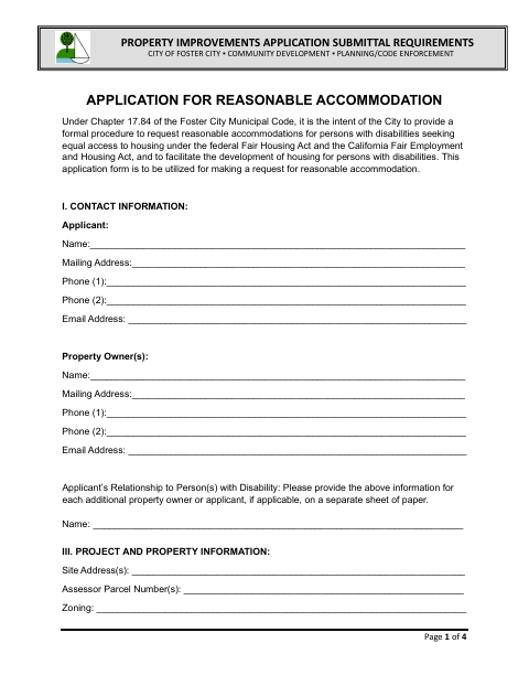 First page of the Application for Reasonable Accommodation