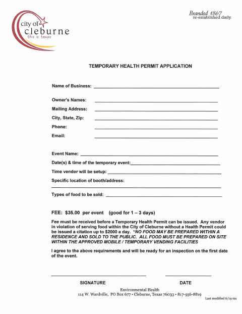 First page of the Temporary Health Permit Application